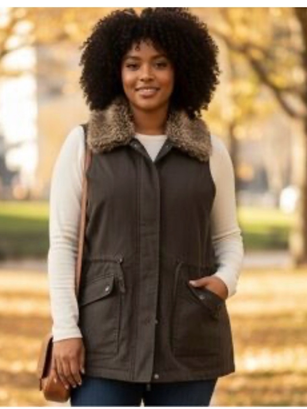 J. Jill Fur Collar Utility Vest Brown Cinch Waist Cargo Pocket L Layer Gilet